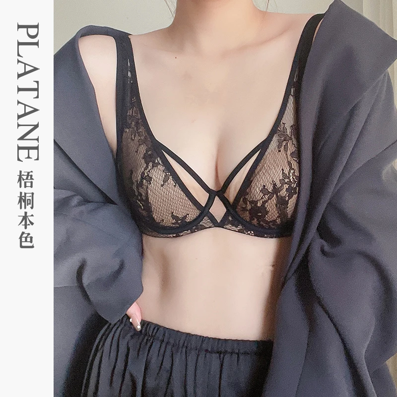 梧桐本色内衣女性感蕾丝超薄水晶杯大胸显小BC杯女士文胸罩22223