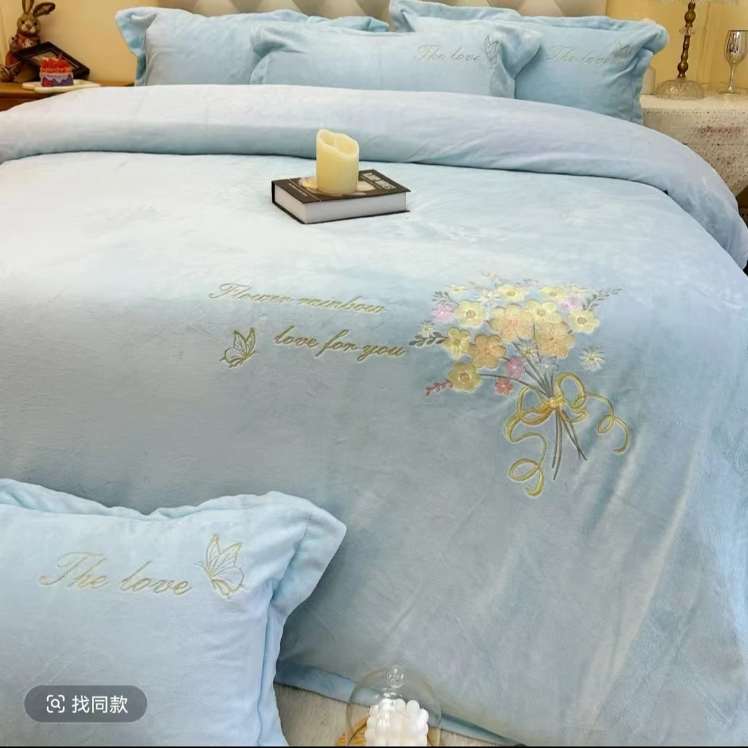 【桦悦专属】高克重加厚保暖刺绣款牛奶绒四件套 sy 金枝玉叶 蓝色