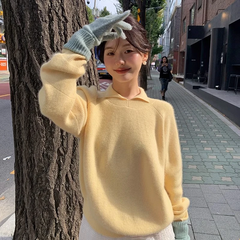 一三良品小个子 小翻领内搭毛衣软糯慵懒风高级感打底针织衫T4A96