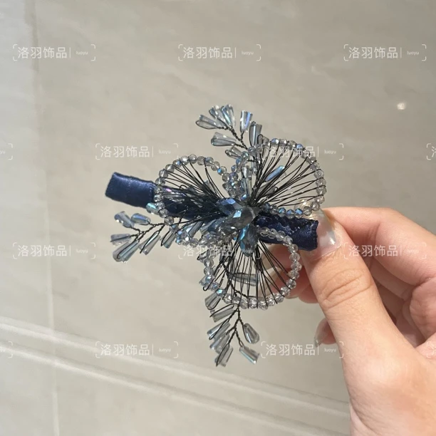 「灿蓝星辰」手工编织晶石发卡蓝色优雅古风一字夹气质网红复古夹子