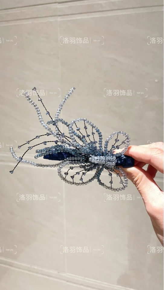 「璀璨蝴蝶」手工晶石串珠边夹复古森系超仙百搭法式仙女优雅顶夹