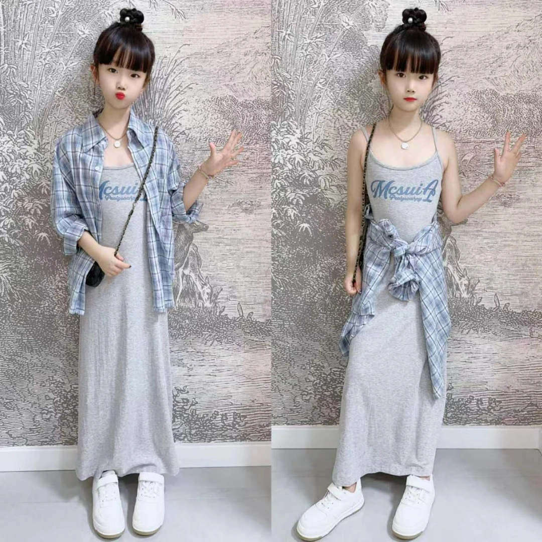 女童灰色字母吊带裙夏款2024新款洋气百搭儿童显瘦设计感气质套装