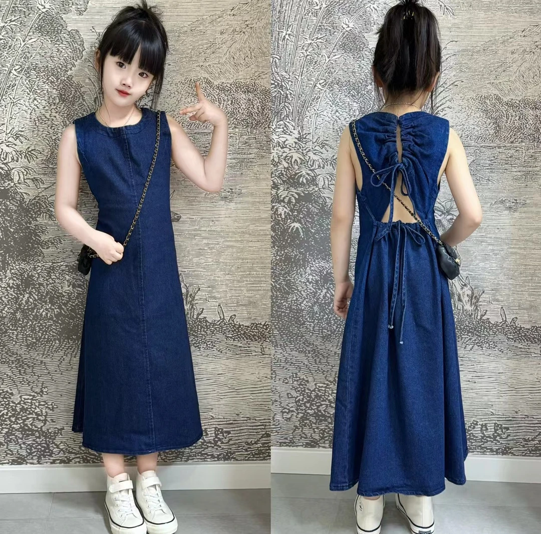 女童弹力牛仔长裙夏款抽绳镂空设计感收腰显瘦洋气气质中长款韩版