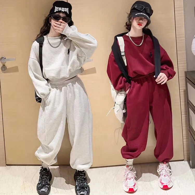 女童刺绣卫衣套装女童加绒加厚宽松休闲冬季新款大童短款上衣套装