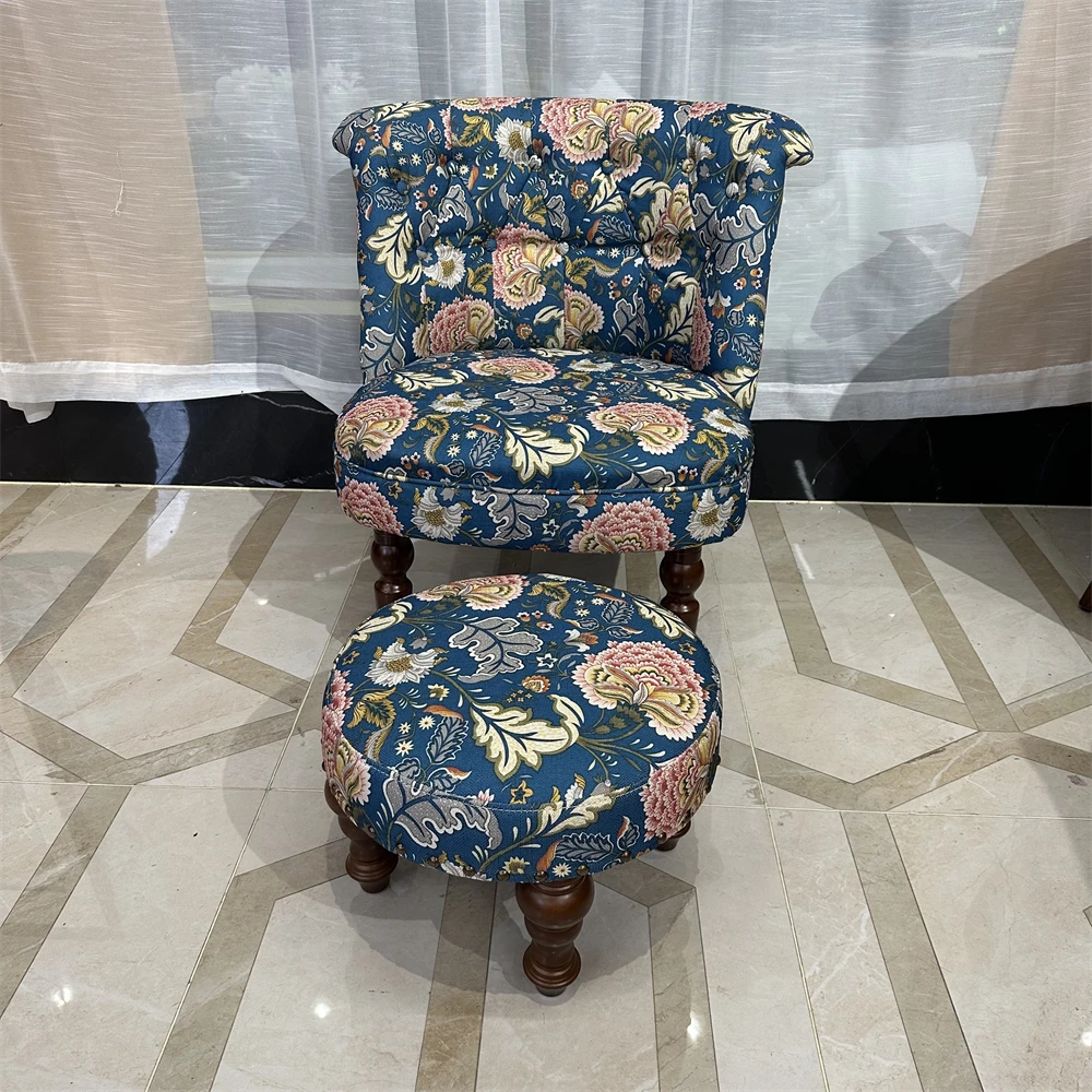 复古单人沙发椅子凳子组合布艺沙发简约沙发椅脚踏凳子牛蛙椅