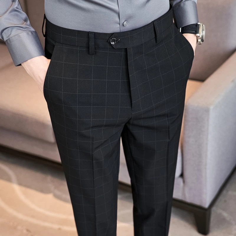 格子男士高端西裤秋冬季韩版修身直筒休闲高级感英伦风西装长裤子