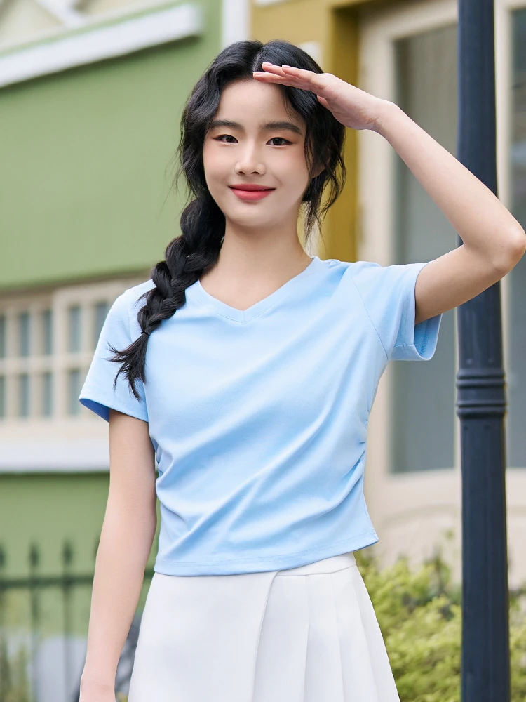 快鱼不规则V领短袖夏女款纯棉正肩T恤24T5076