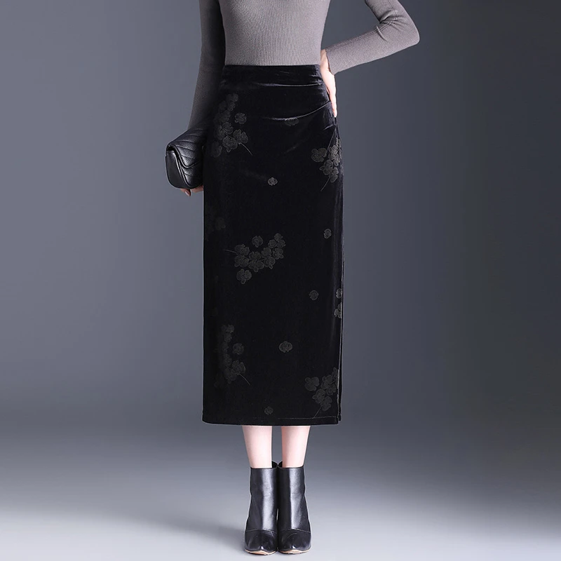 金丝绒半身裙高腰开叉包臀裙2024秋季长裙气质时尚大码显瘦一步裙