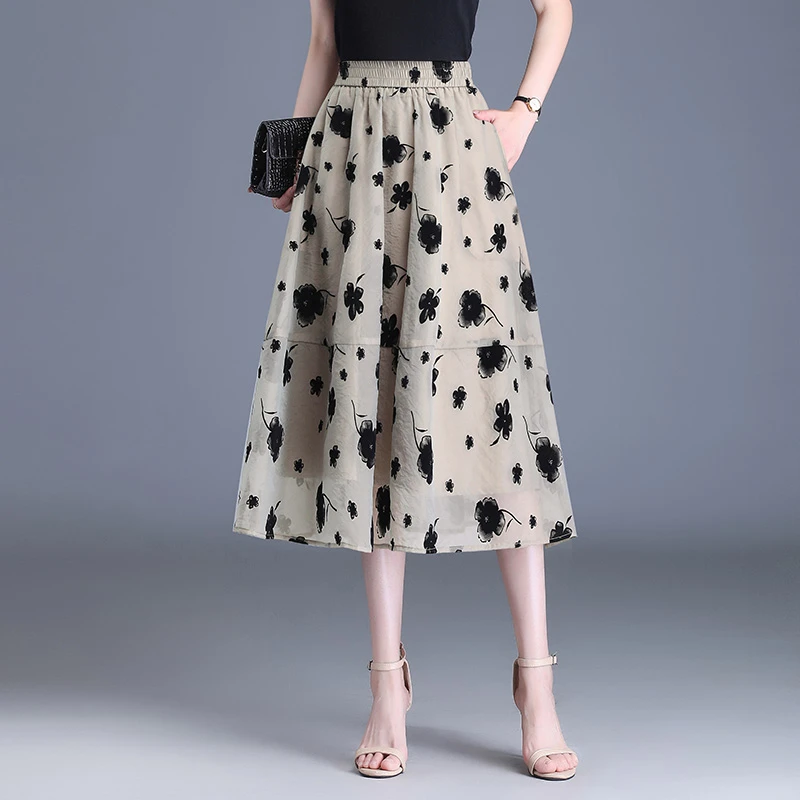 印花纱裙女夏高腰a字欧根纱半身裙中长款蓬蓬裙复古法式花苞半裙
