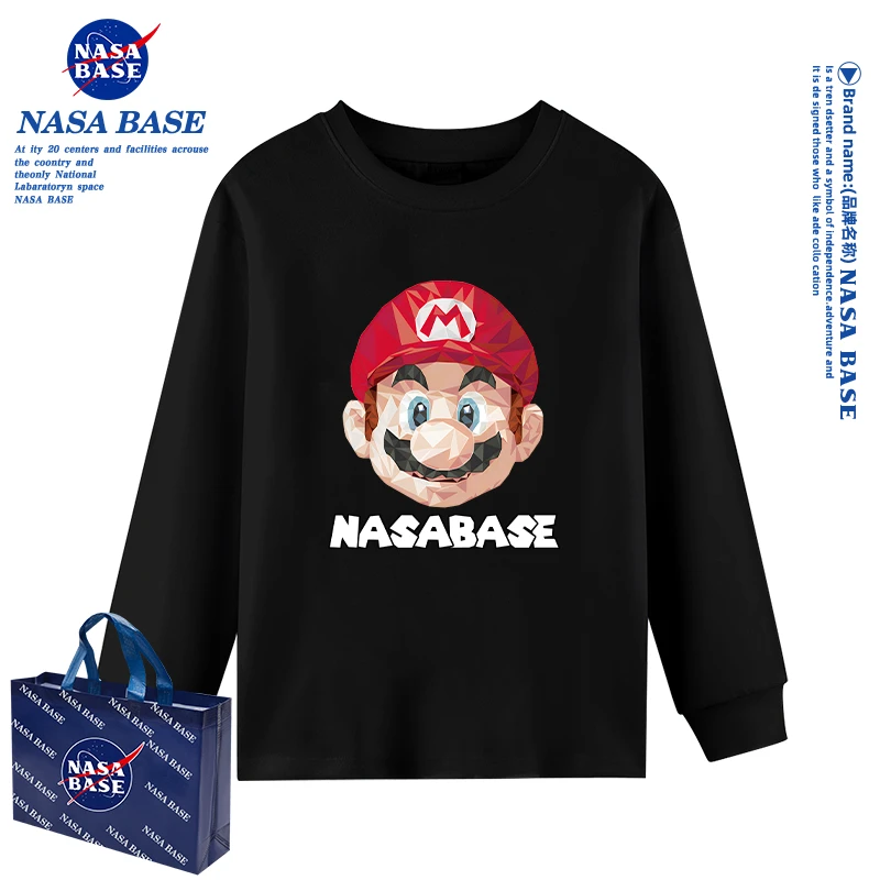 NASA BASE马里奥潮男童长袖t恤2024新款春秋季男孩纯棉儿童上衣