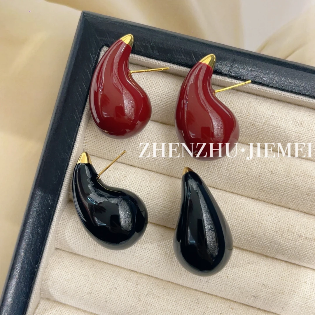 铜合金珐琅耳饰 （滴油水滴耳钉）安可拉红色时尚复古简约百搭
