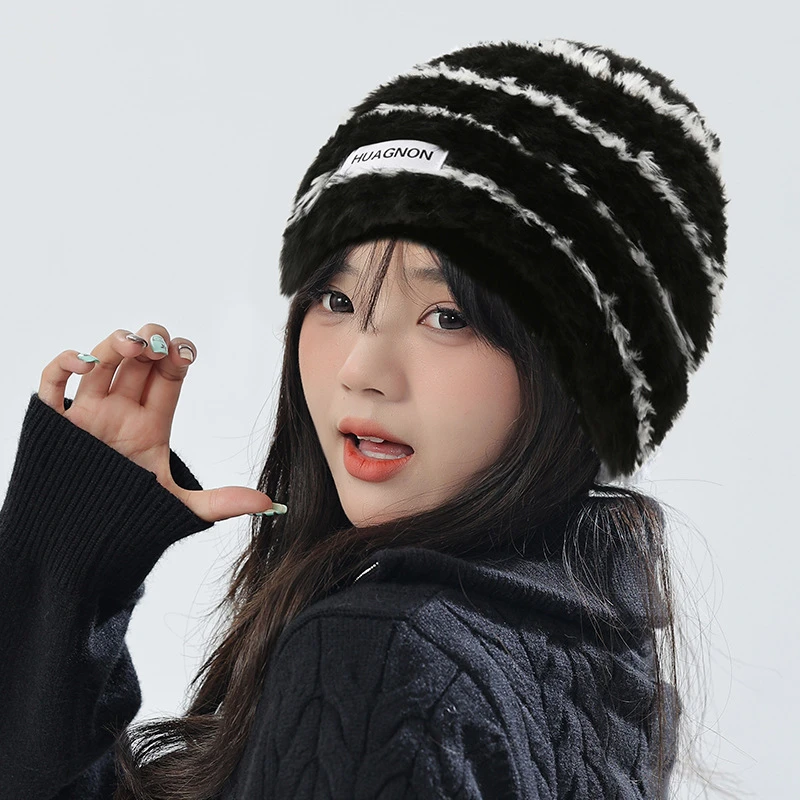 大头围毛线帽女秋冬毛绒帽子毛毛针织帽毛茸茸冷帽适合圆脸大脸