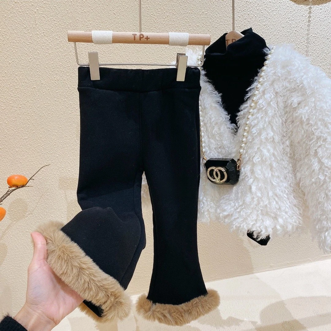 女童裤子女宝宝休闲洋气加绒裤子儿童一体绒喇叭裤加厚秋冬裤时尚