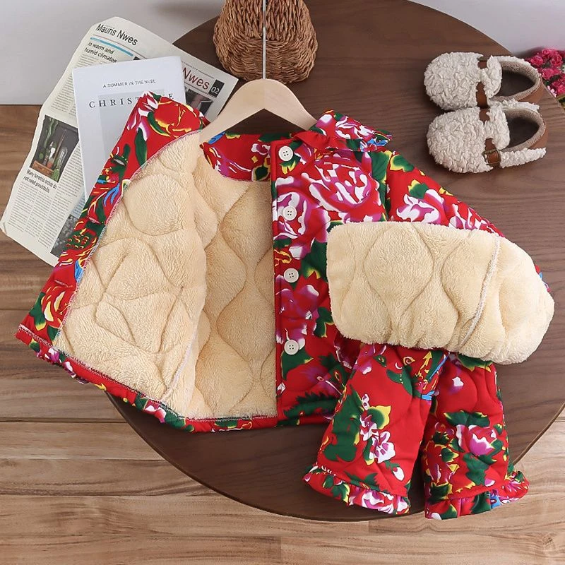 女童东北大花棉袄睡衣三层加厚新款女孩宝宝家居服加绒冬保暖套装