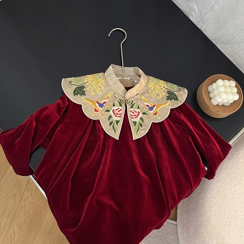 高端中小女童中国风加绒丝绒连衣裙冬装刺绣云肩复古公主裙年服裙