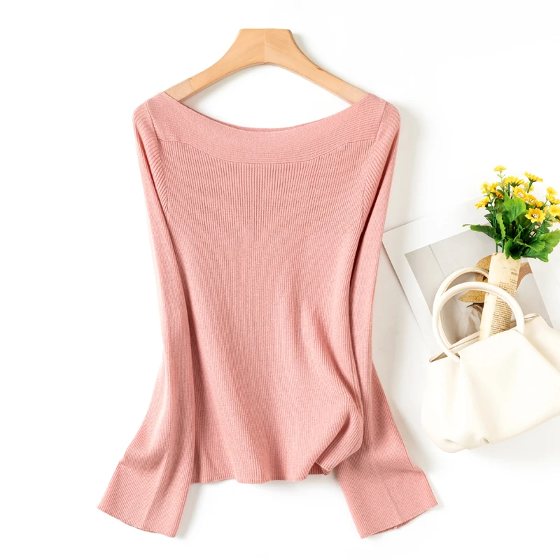 Cousin | 设计师款桑蚕丝羊绒优雅一字领坑条长袖气质针织衫23178