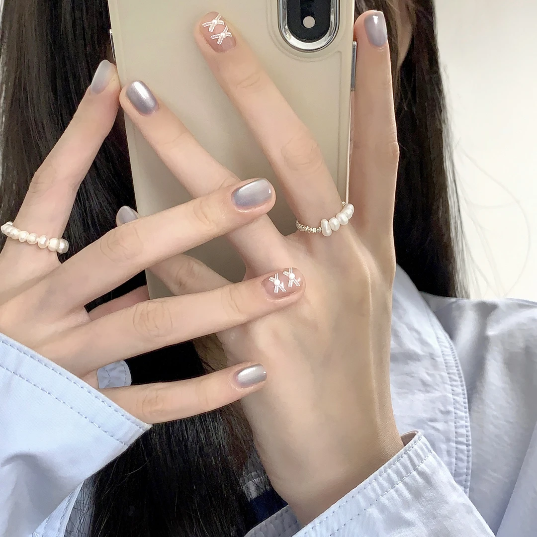 1Yi【奶蓝蝴蝶结】手工穿戴甲乖乖蝴蝶结蓝色猫眼可爱短甲美甲