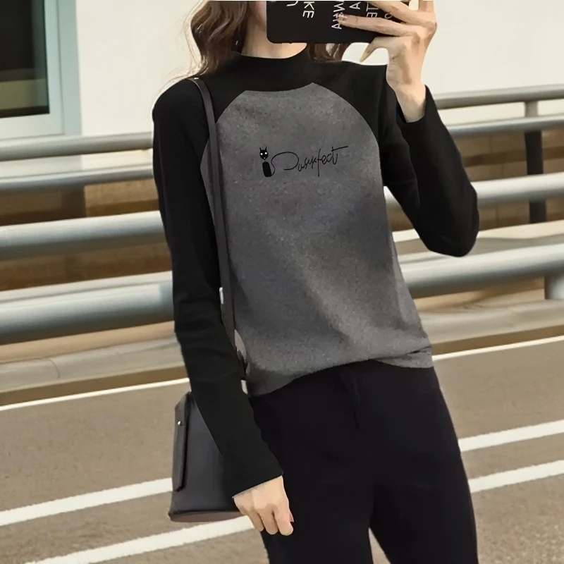 半高领插肩袖拼接秋冬新款修身磨毛显瘦美式打底t恤欧货女装长袖