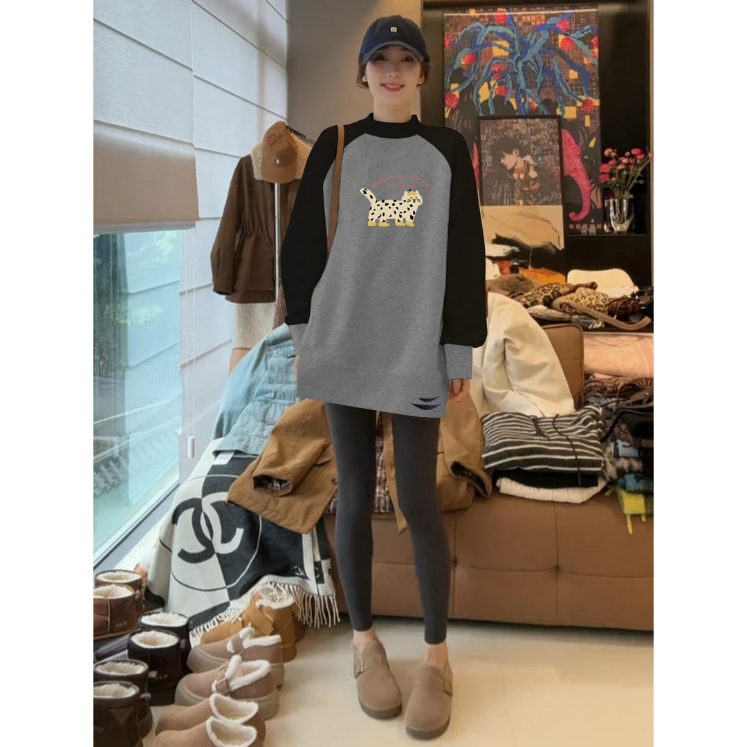 T恤女装加厚磨毛宽松中长款德绒外穿春秋冬打底衫上衣遮屁股拼色