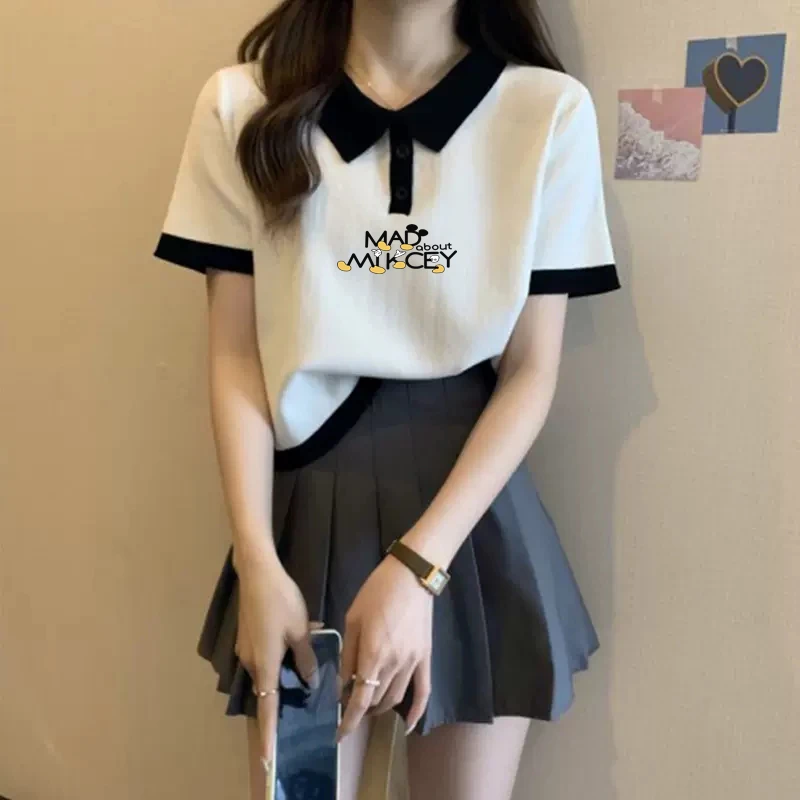 短袖t恤女纯棉2023夏季欧货polo衫印花减龄设计感短款宽松女上衣