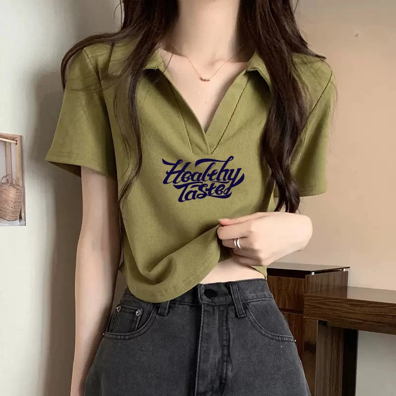 绿色V领短袖t恤女2023夏欧货纯棉修身百搭弧型下摆短款打底女上衣