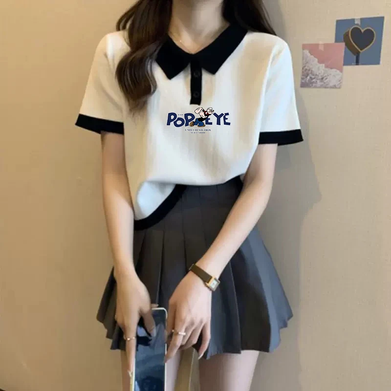 短袖t恤女纯棉插色polo领欧货夏季设计感宽松高腰短款印花女上衣