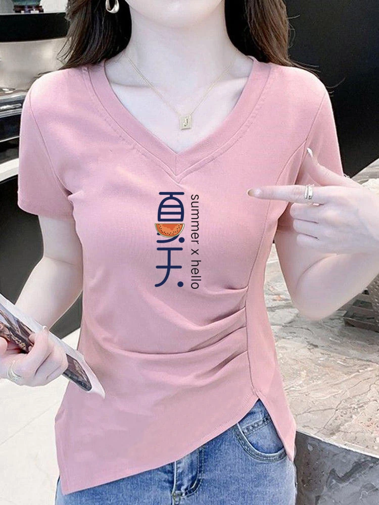 t恤女装V领夏季欧货印花短袖粉色设计感修身显瘦百搭叠皱遮肚上衣
