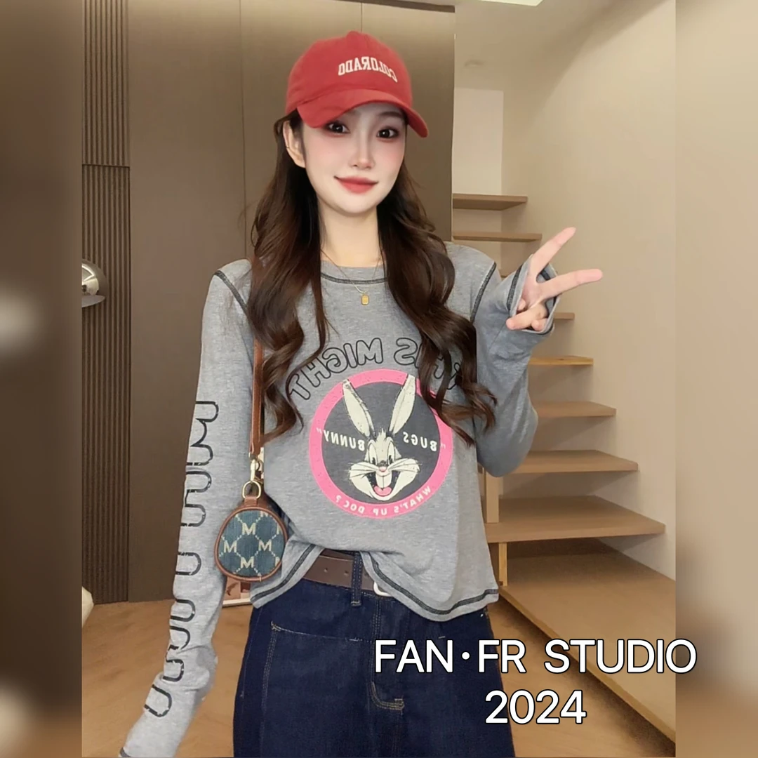 樊范儿彩拔拼接 2024早秋新款 长袖T恤女修身显瘦百搭圆领-24673