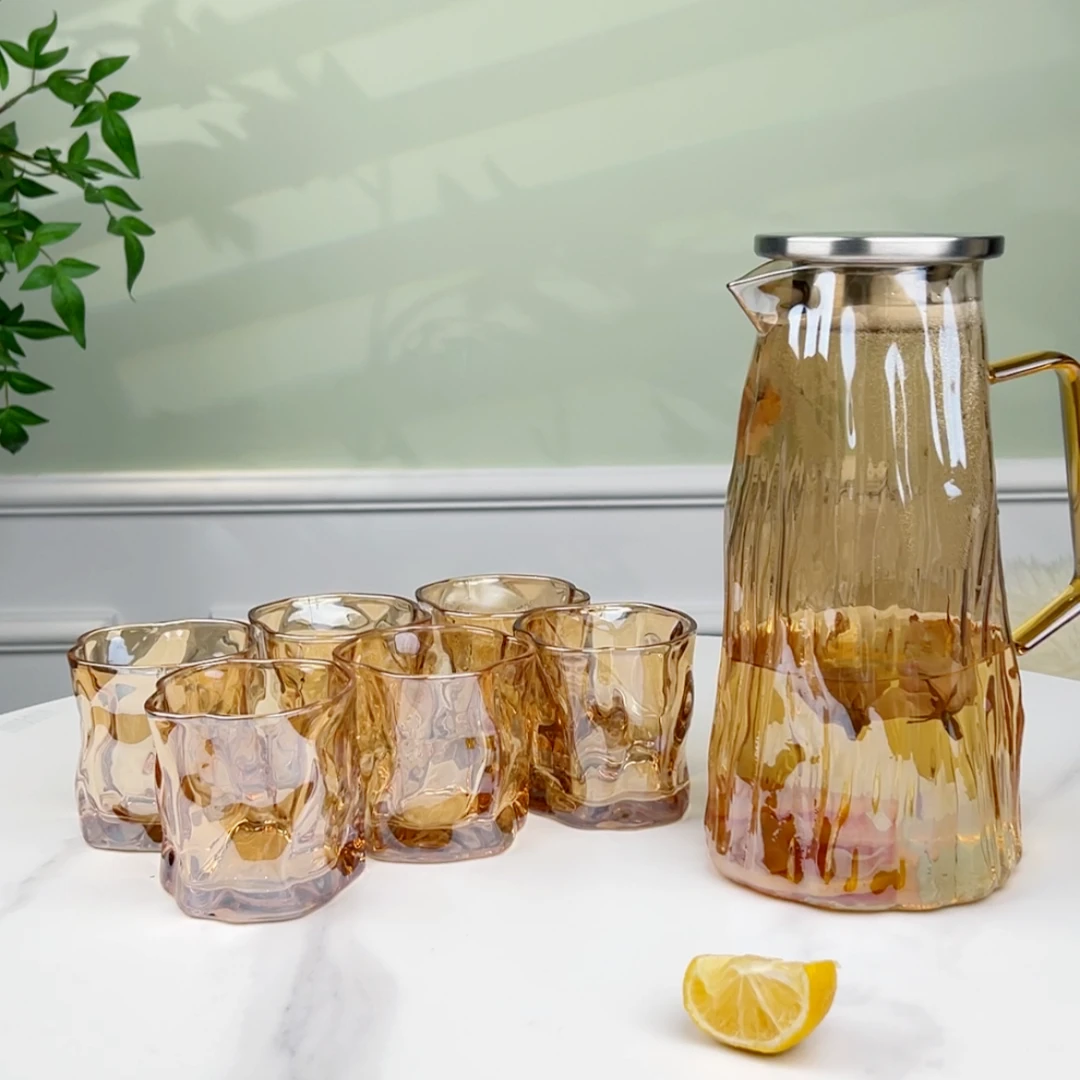 朗旭一壶六杯家用欧式可明火高硼壶轻奢炫彩烟灰琥珀水壶水具套装
