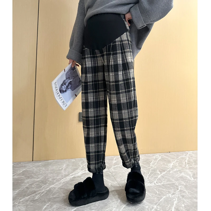秋冬加绒孕妇休闲哈伦裤加厚宽松显瘦高腰托腹格子老爹裤DY899
