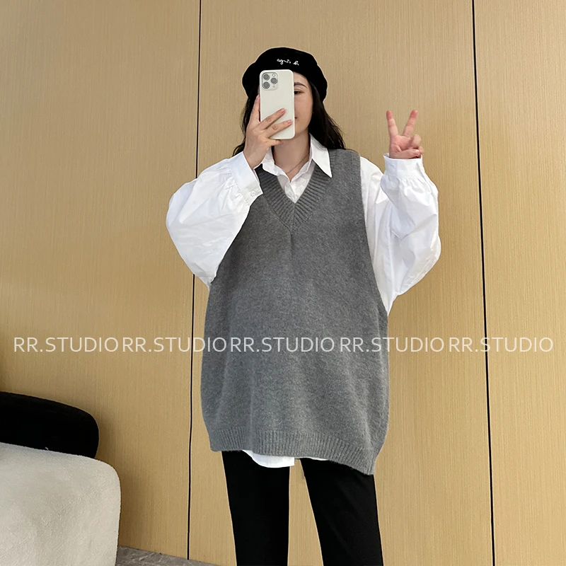 孕妇秋装新款韩系时尚V领针织马甲背心百搭叠穿宽松上衣DY1467