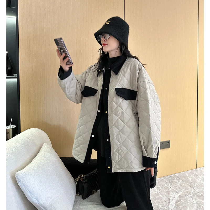 菱格孕妇装轻巧棉服秋冬韩版中长款拼接撞色POLO领夹棉外套DY882