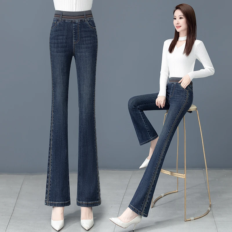 时尚潮流减龄刺绣松紧腰牛仔裤新款弹力显瘦显高百搭喇叭裤501绒