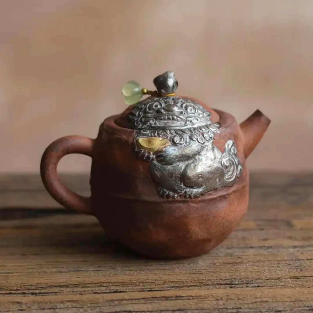 宽窄.灰念-老岩泥-元宝壶 泡茶壶复古鎏银茶具茶壶家用茶道茶器