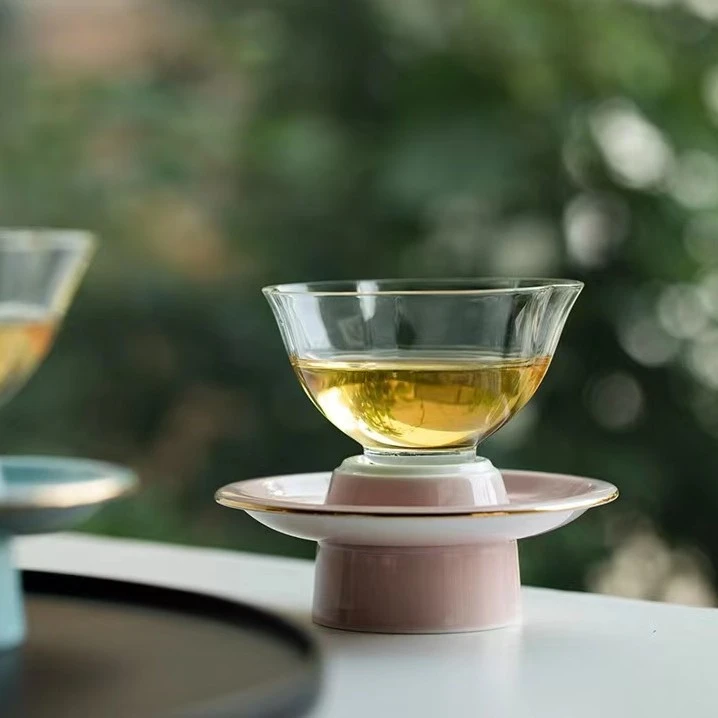 宽窄.黄丽君-一盏清心-渐变粉杯杯盏组合 玻璃花口杯茶盏主人杯
