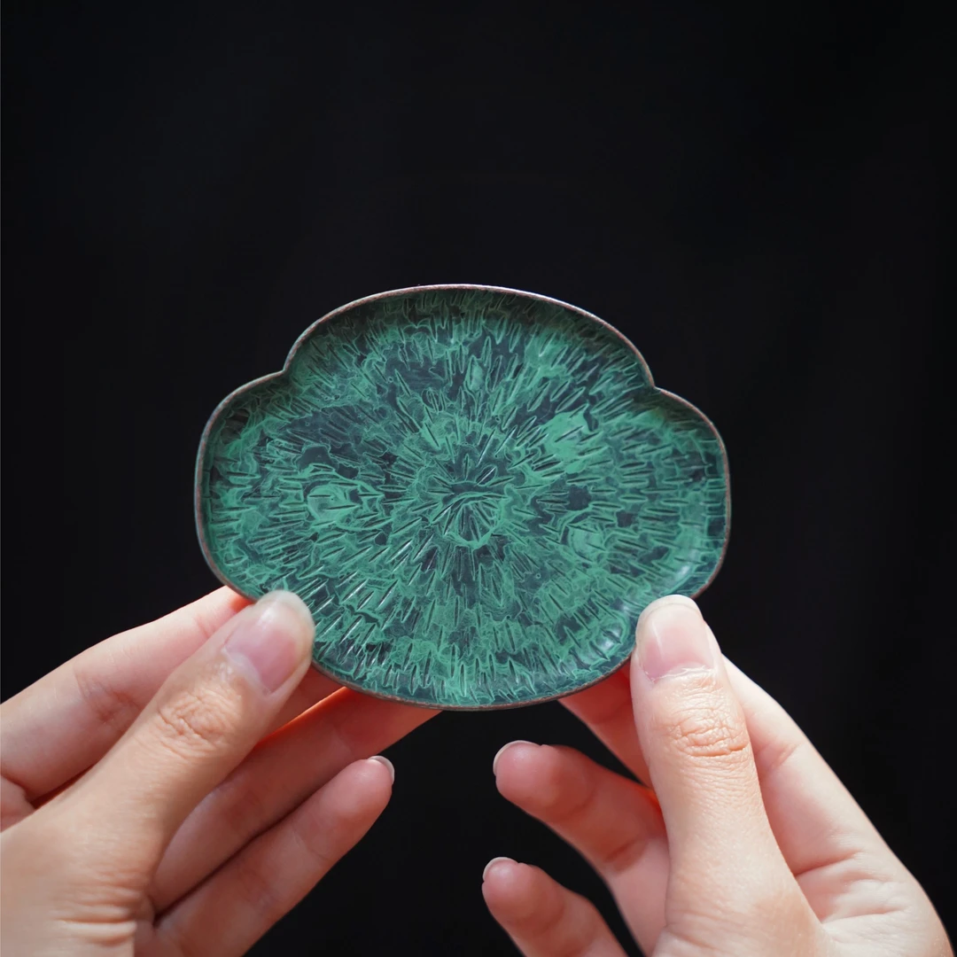 宽窄手工紫铜海棠斜纹青绿色杯垫茶器摆件精美杯垫实用茶桌摆件