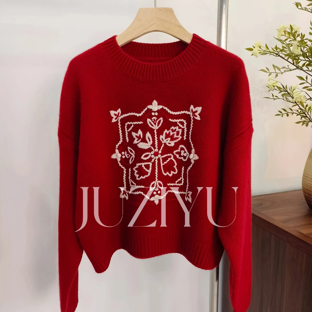 手工刺绣纯羊绒衫圆领加厚上衣套头毛衣短款