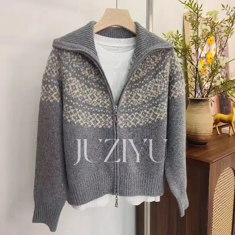 羊绒开衫翻领拉链针织外套毛衣女上衣加厚