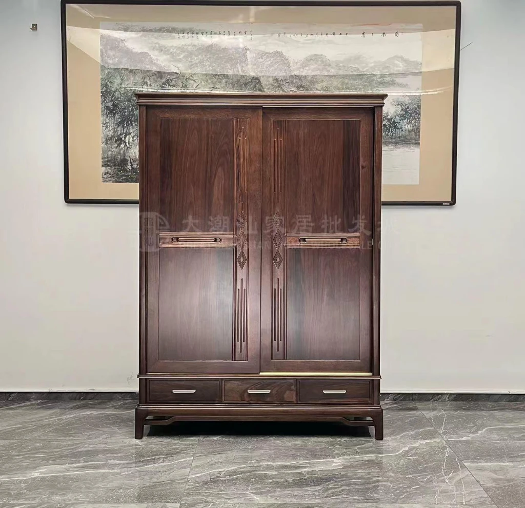 二门双层推拉衣柜（新08）实木乌金木材质简约家用新中式古典