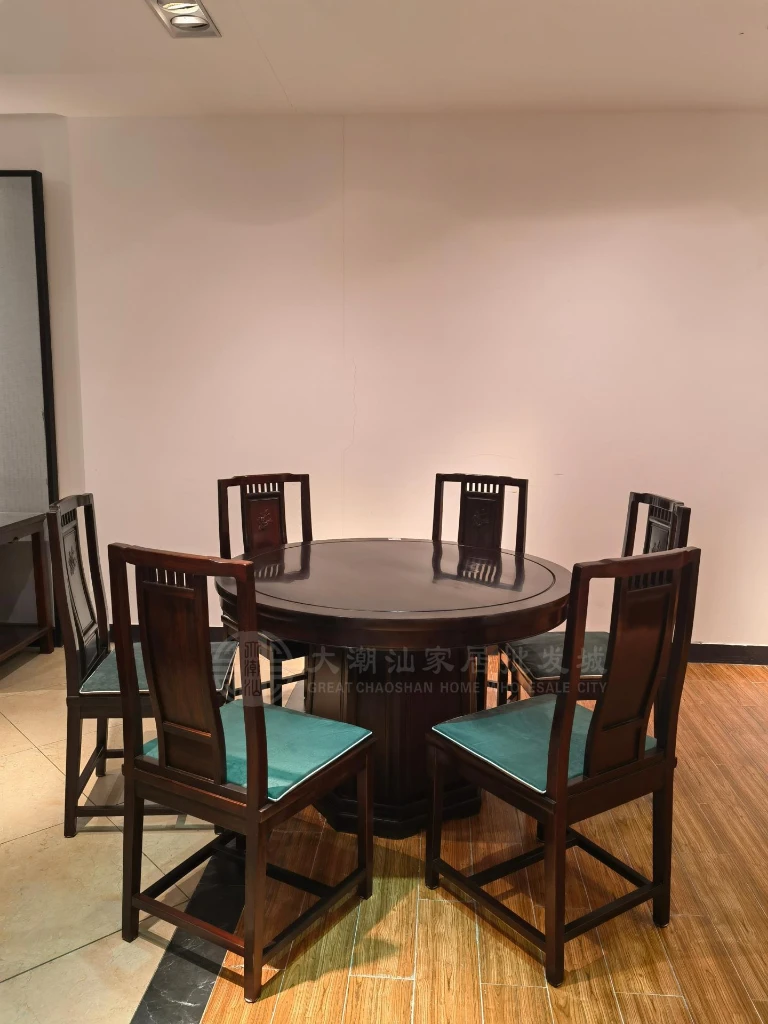 悦慕圆台餐桌配花板餐椅1.2m 7件套 实木材质 家用简约新中式餐桌