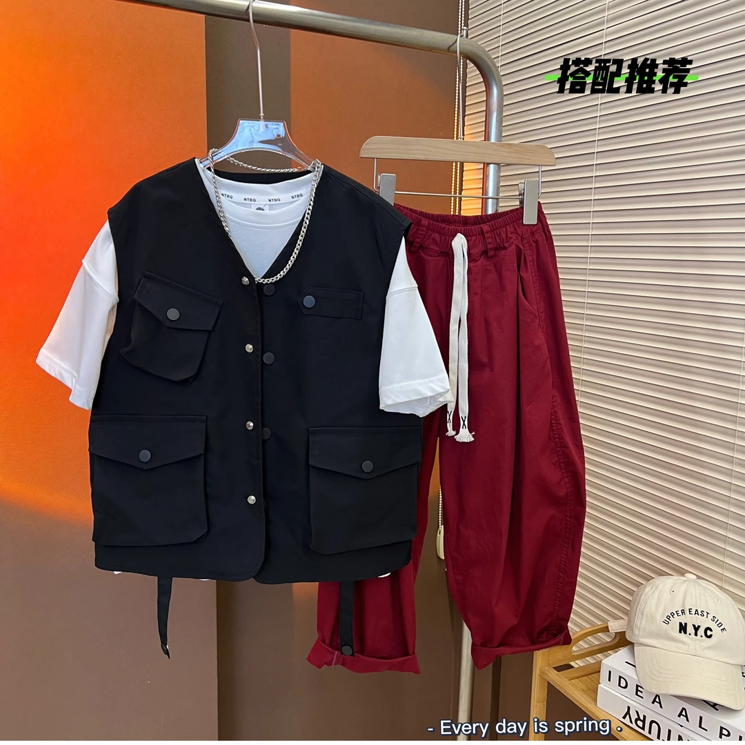 童装马甲外套中大童帅气多口袋宽松日系潮流夏季百搭复古美式ins