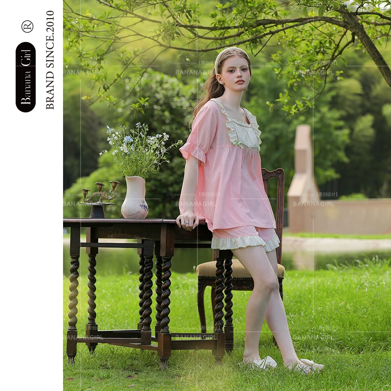 香蕉女孩【粉黛花海】春夏新款睡衣女中袖宽松休闲家居服可外穿套装