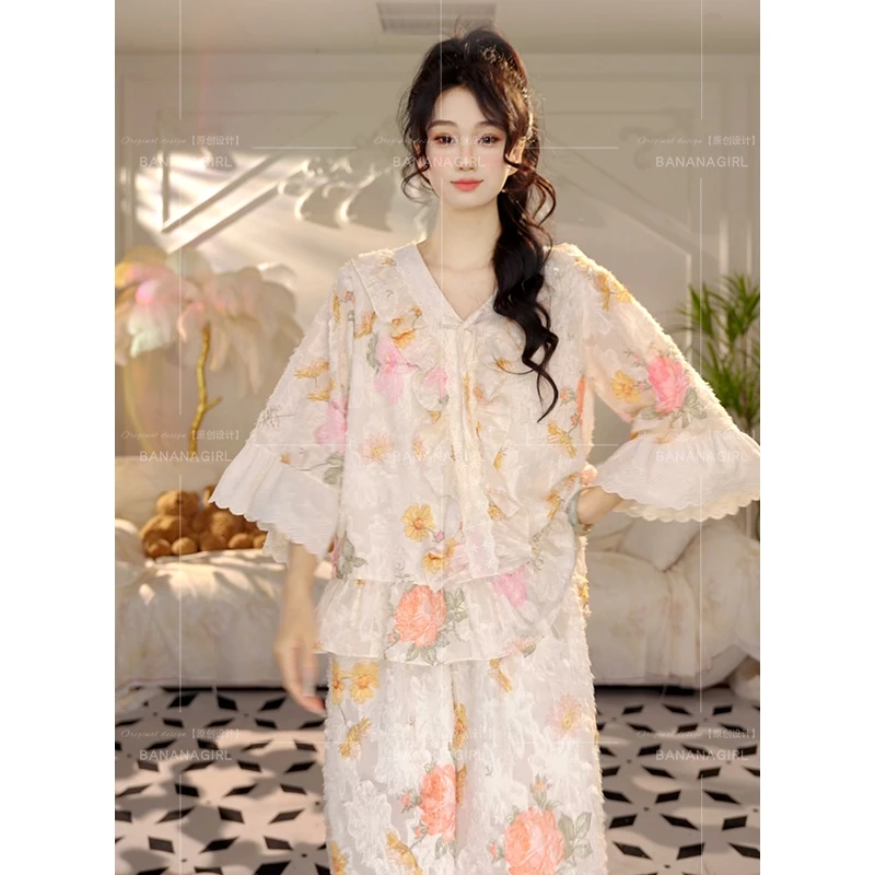 香蕉女孩【月下白茶花】春夏新款睡衣女套装中袖宽松家居服可外穿