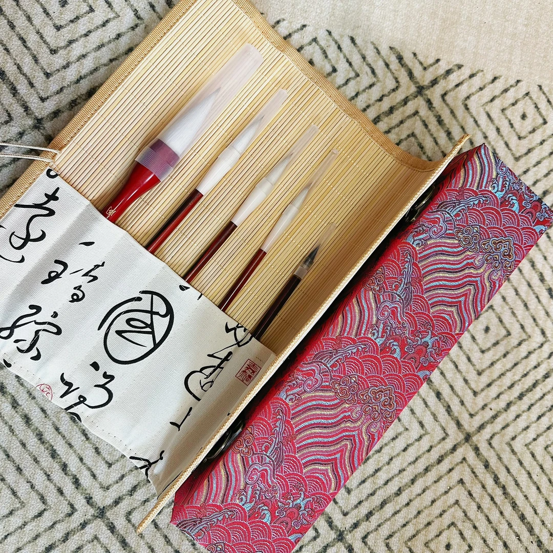 一路长红 高档毛笔5件套送笔帘 锦盒