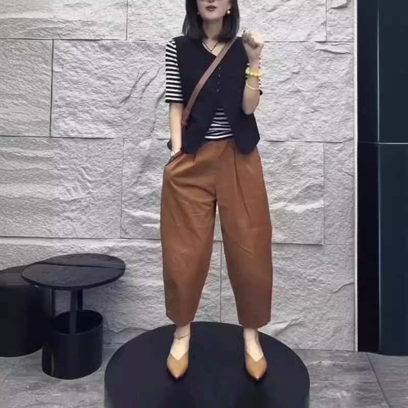 新款洋气短袖条纹打底衫单排扣百搭马甲休闲哈伦裤休闲裤3326