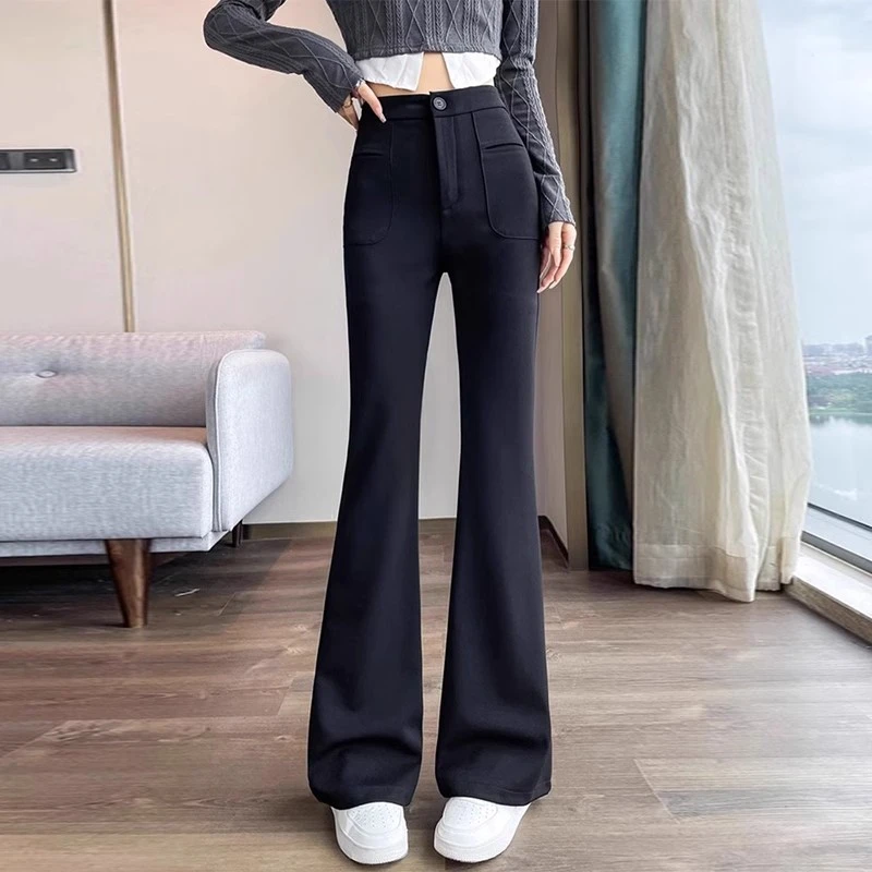 加绒黑色微喇叭高腰西装裤女2024修身显瘦弹力裤高腰黑色微喇叭裤