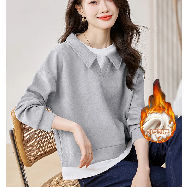 2025秋冬新款美式加绒加厚卫衣女士外穿假两件洋气慵懒风高端上衣