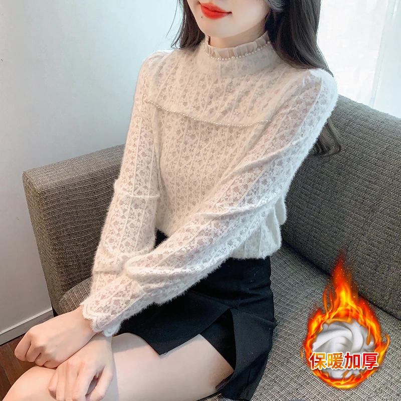 2025秋冬加绒加厚蕾丝衫女士气质通勤打底衫高级感保暖内搭上衣服