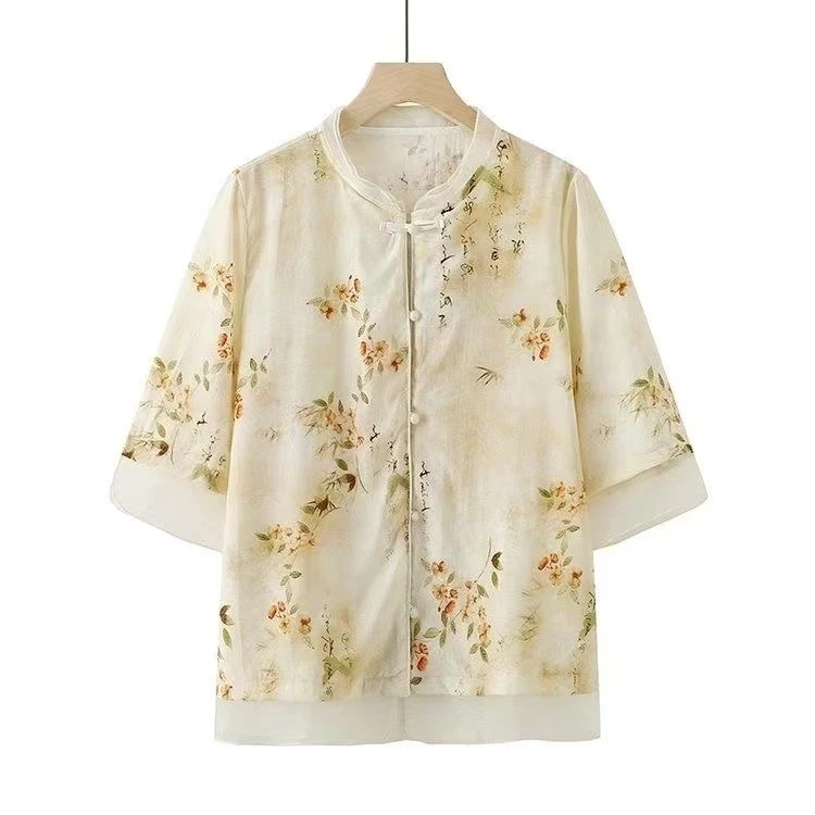 中年女夏装新款大码妈妈中袖新中式薄款上衣显瘦洋气复古国风小衫