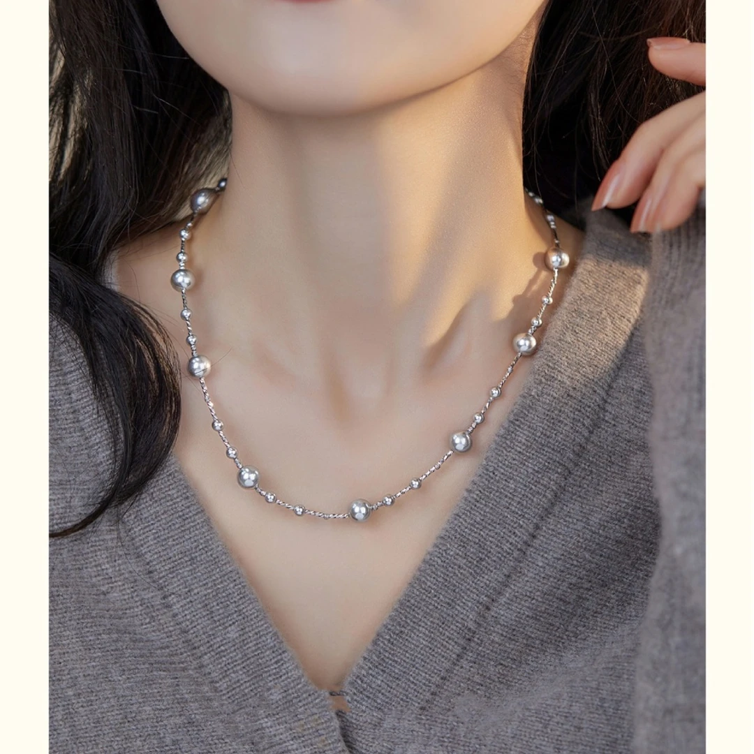 铜仿珍珠项链 满天星多麻灰珠珠项链轻奢冷淡气质正圆手工穿珠链